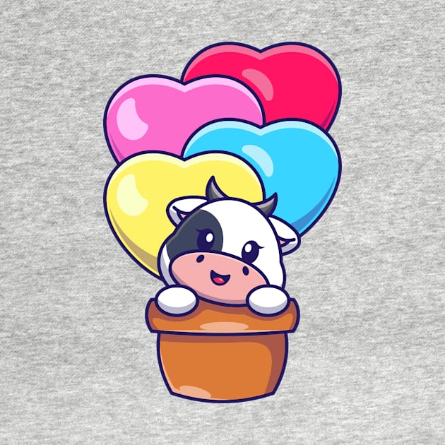 Cute cow flying with love balloon cartoon by Wawadzgnstuff